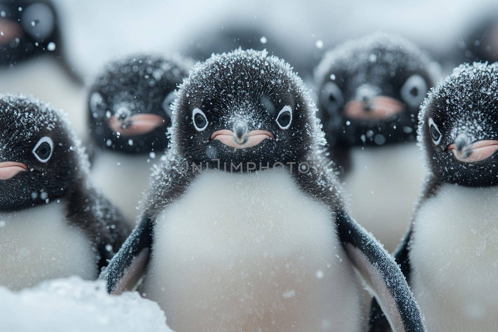The annual migration of Adelie penguins. A crowd of penguins looks at the camera during a snowfall.