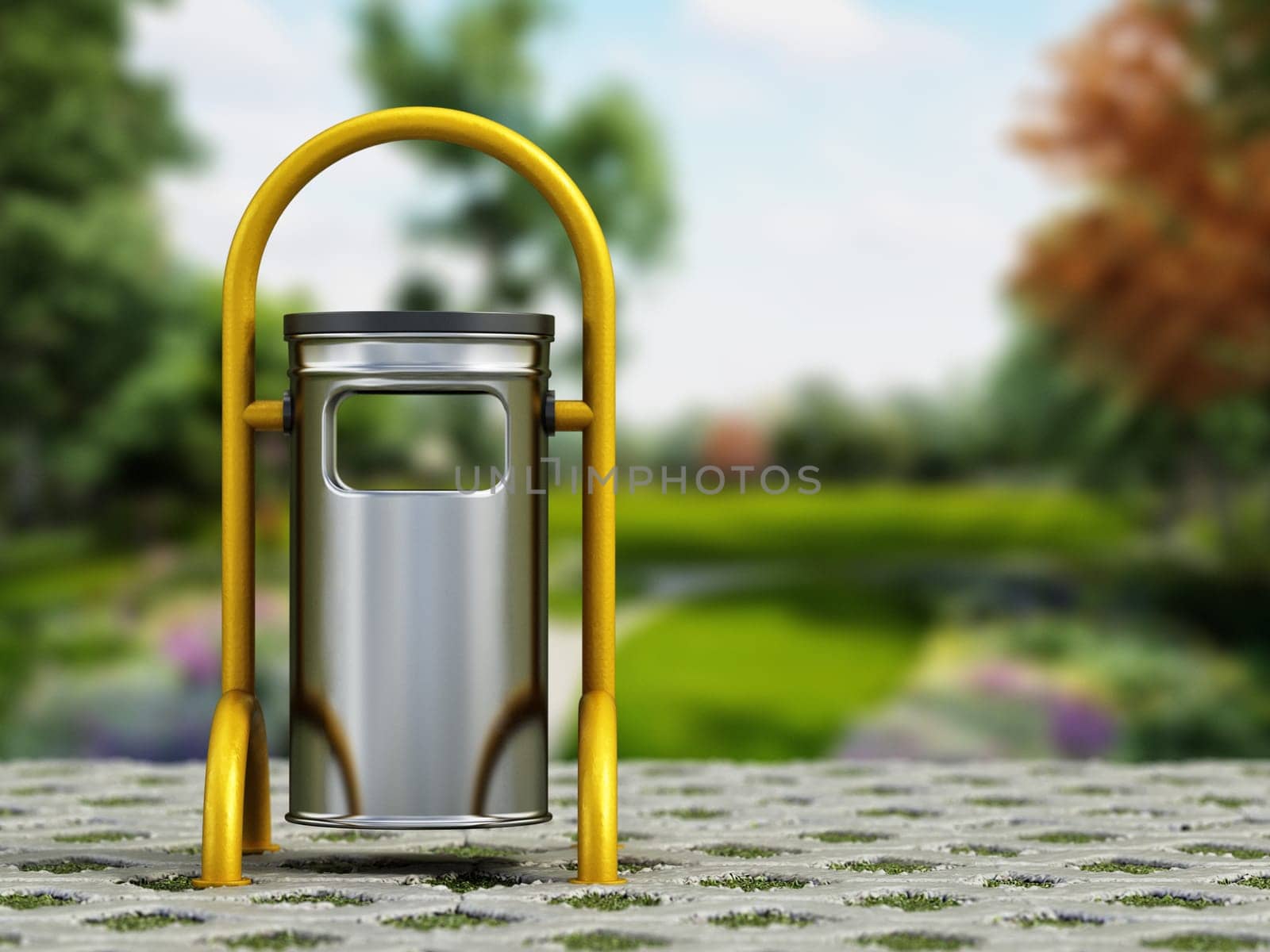 Public trash bin in the park. 3D illustration.