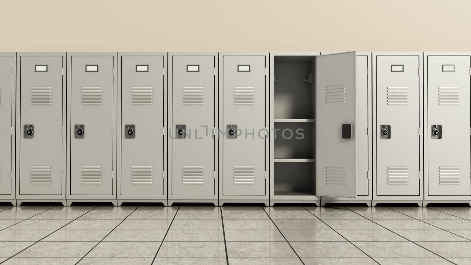 Metal locker storage cabinets for school, fitness club or gym in a row. 3D illustration.