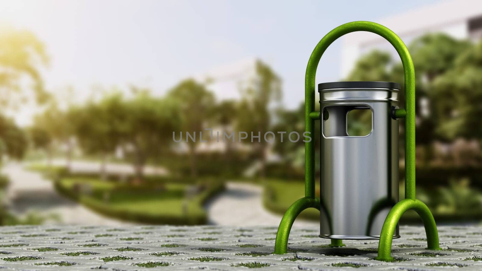 Public trash bin in the park. 3D illustration.