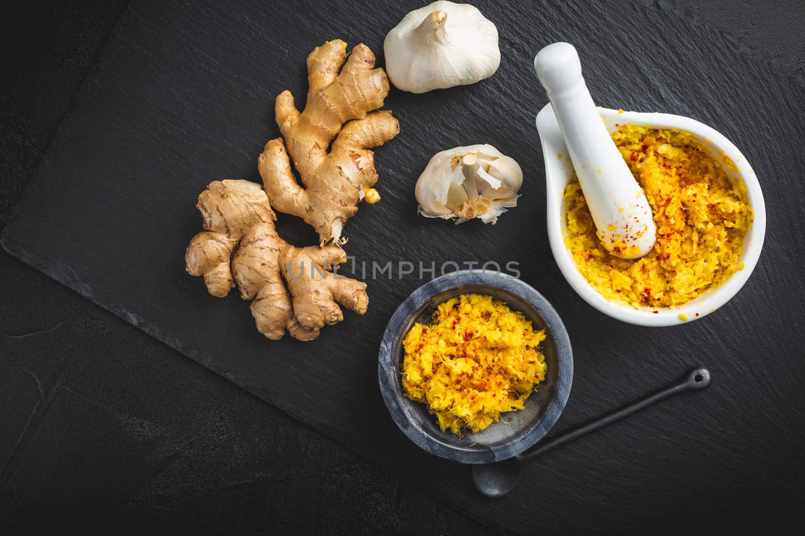 Homemade fresh ginger and garlic paste or Adrak Lahsun puree with ingredients