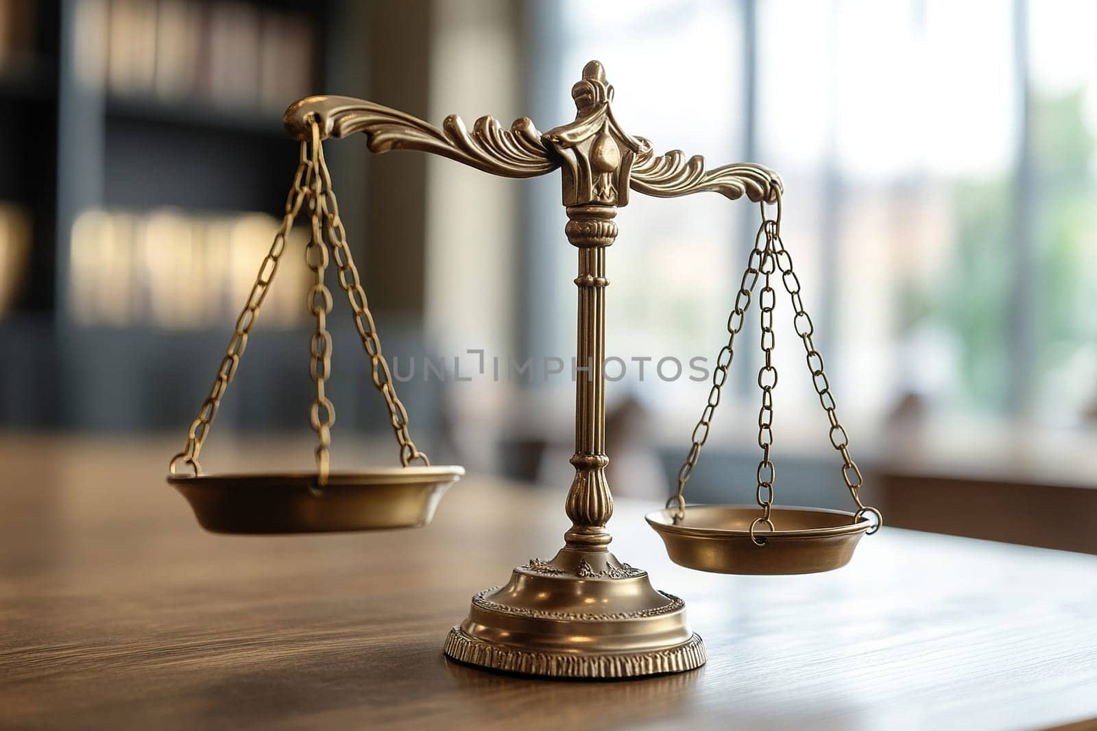 Scales of law on a wooden table. Symbol of justice.