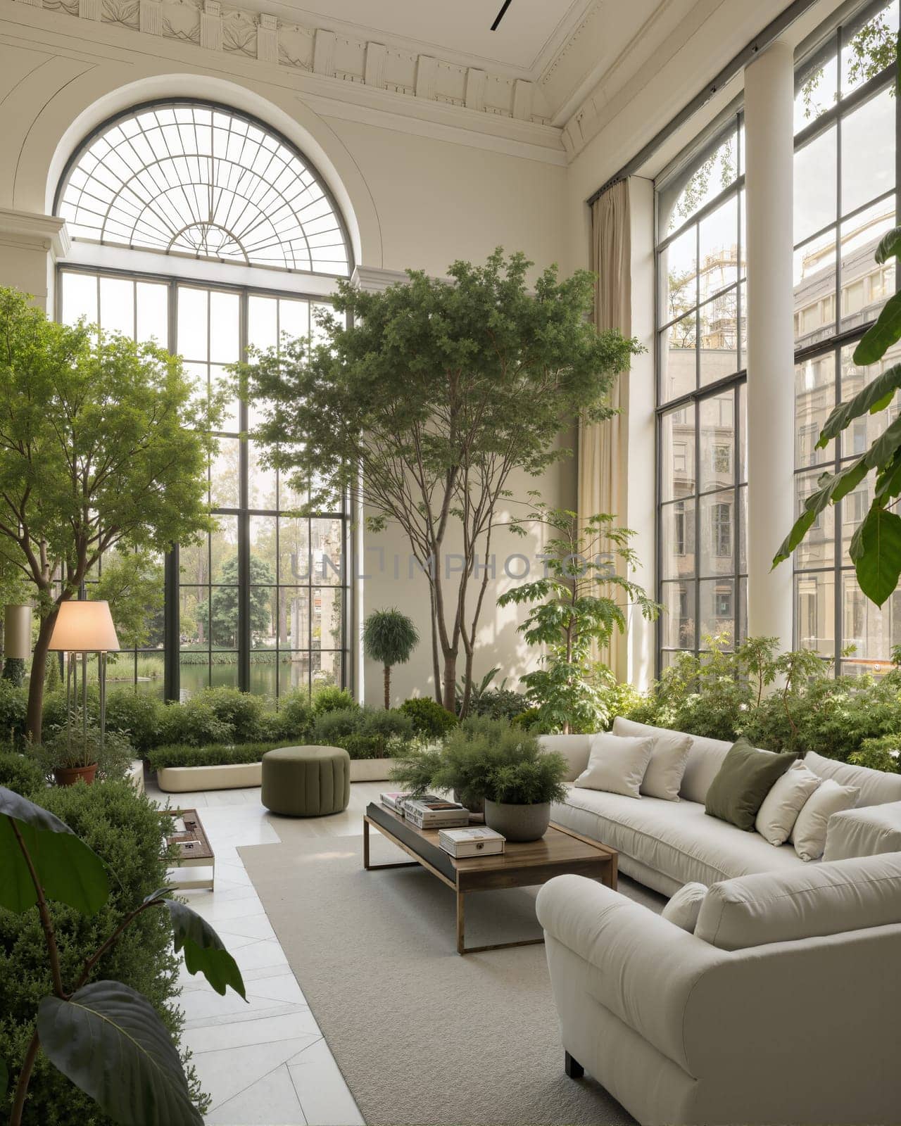A bright, spacious room with large windows, greenery, and a serene indoor pond. AI generated