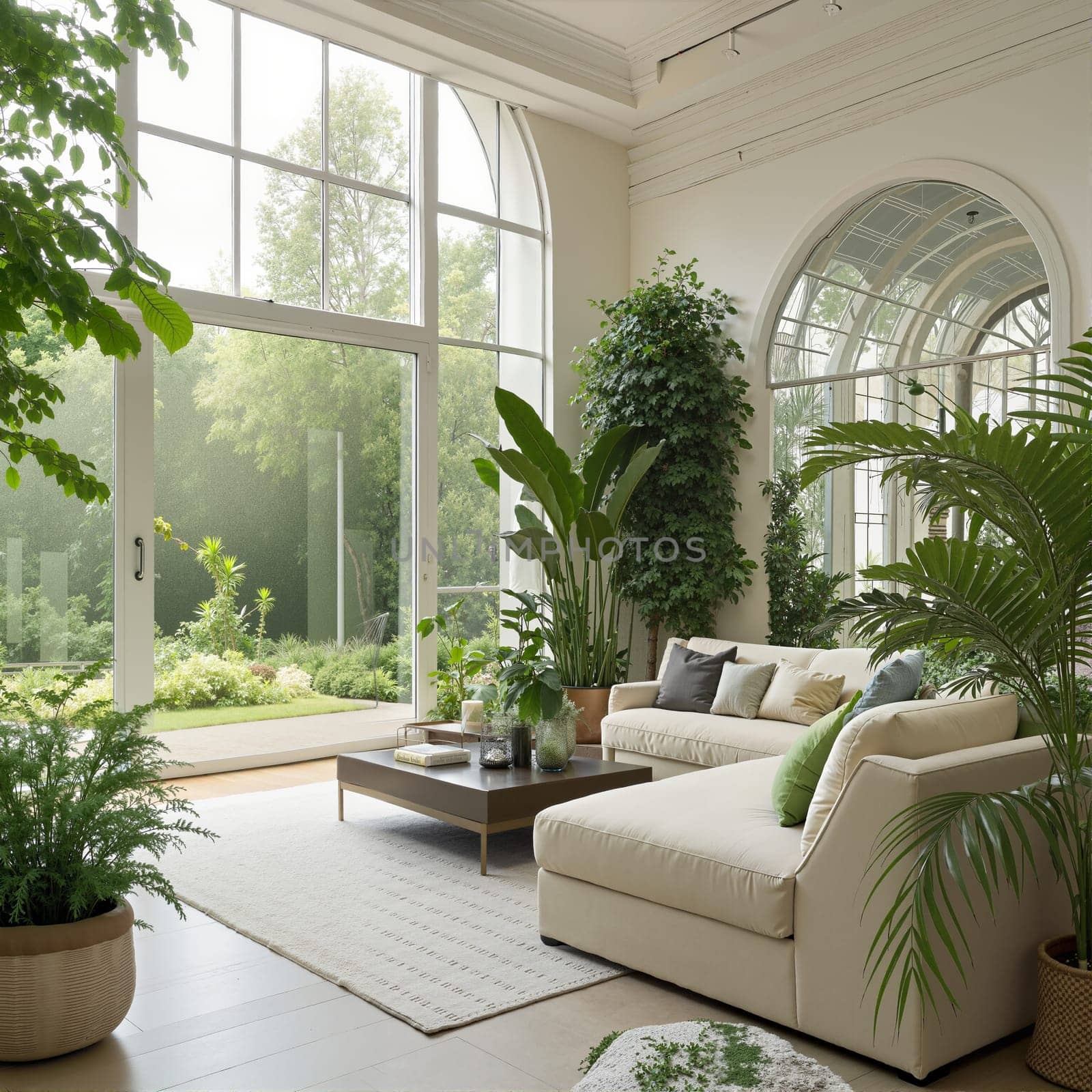 A bright, modern living room with large windows, lush greenery, and comfortable seating. AI generated