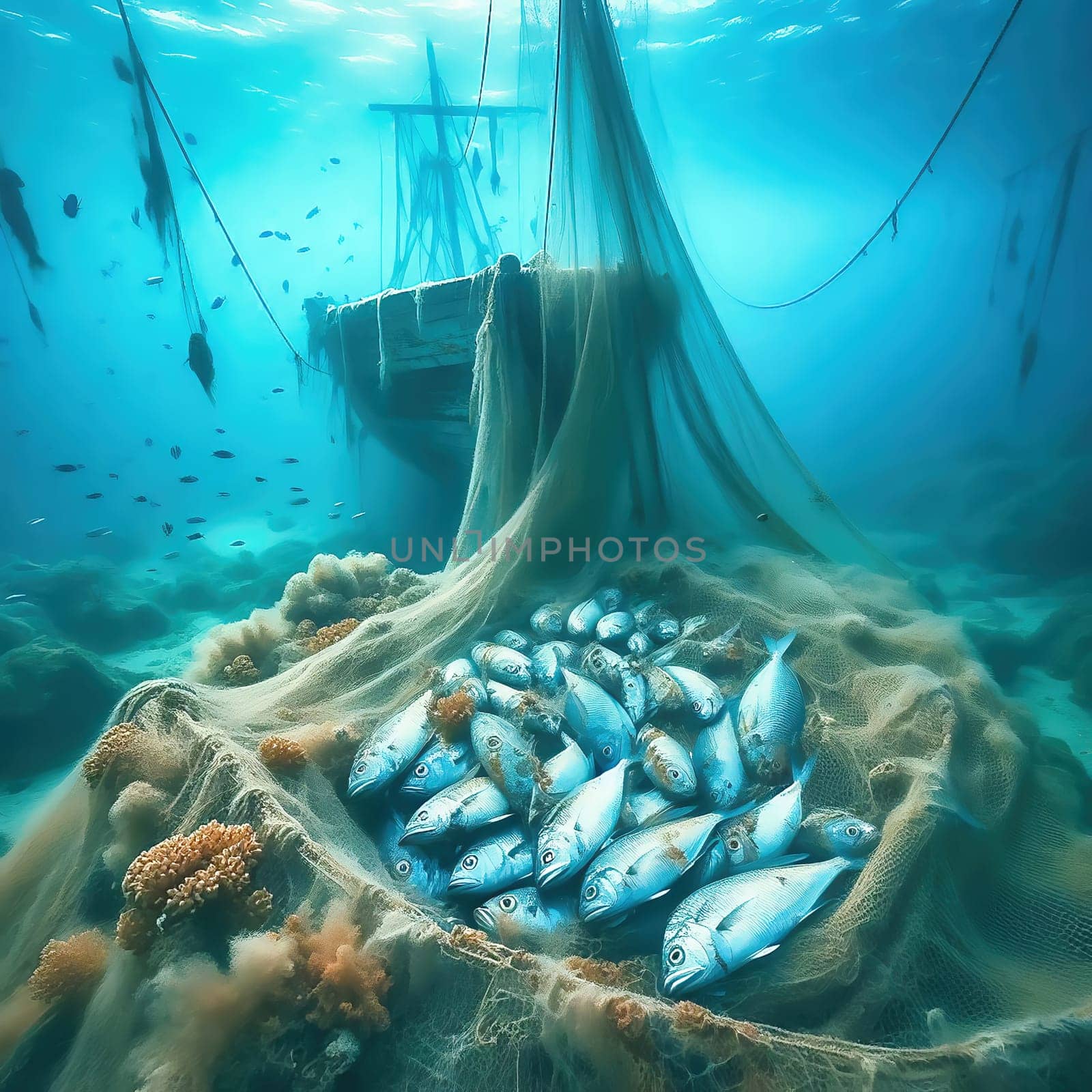 Abandoned fishing net on the seabed, filled with dead fish. A symbol of environmental pollution, overfishing and the destructive influence of humans.