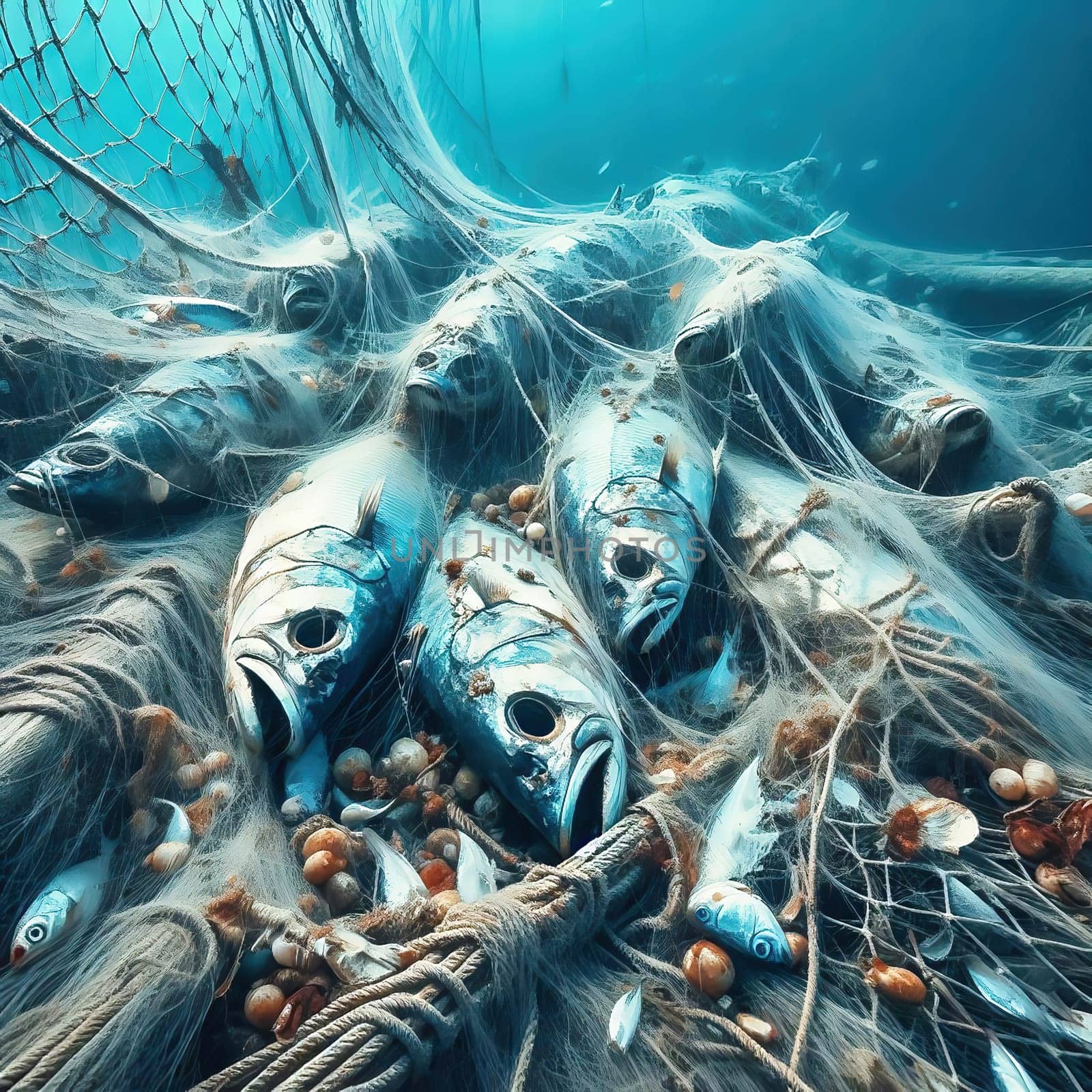 Abandoned fishing net on the seabed, filled with dead fish. A symbol of environmental pollution, overfishing and the destructive influence of humans.