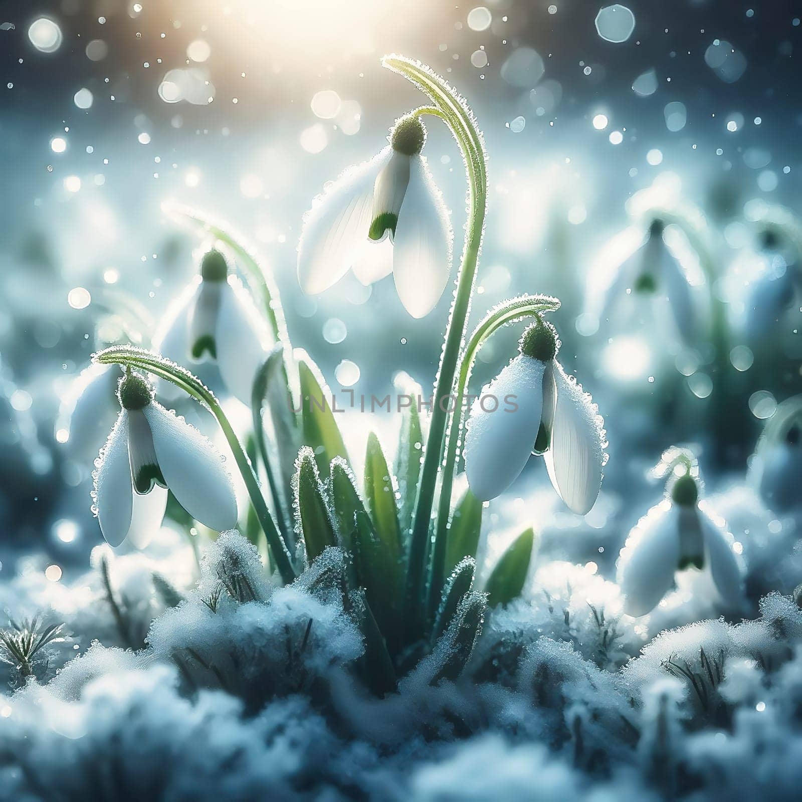 Macro photography of snowdrops in glistening snow, enveloped in frost and soft light. A wintery natural idyll with delicate, filigree details. Winter flower.