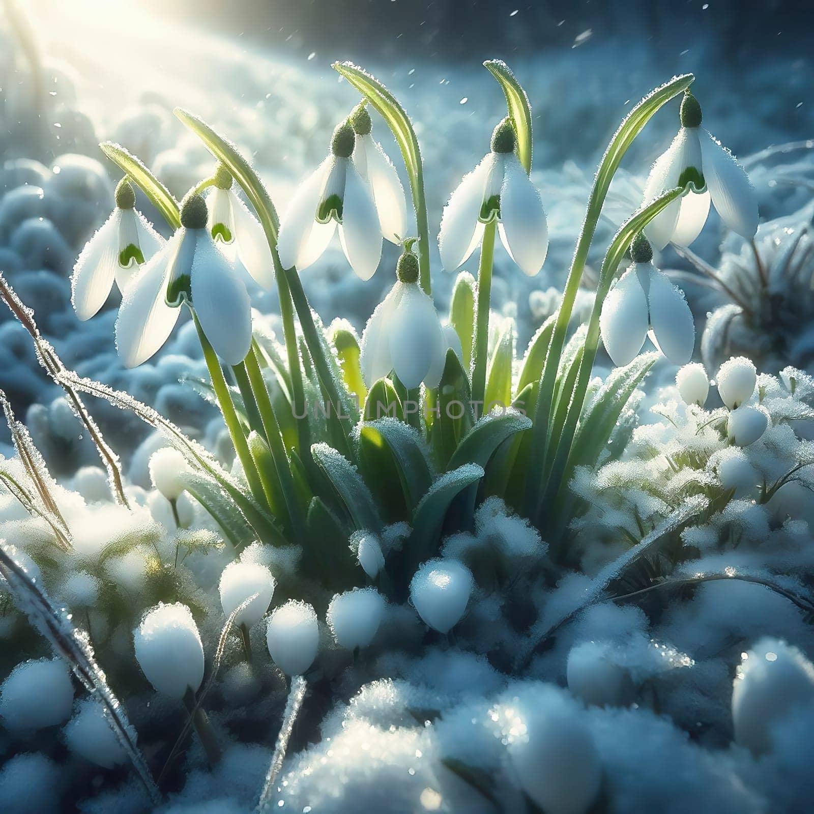 Macro photography of snowdrops in glistening snow, enveloped in frost and soft light. A wintery natural idyll with delicate, filigree details. Winter flower.