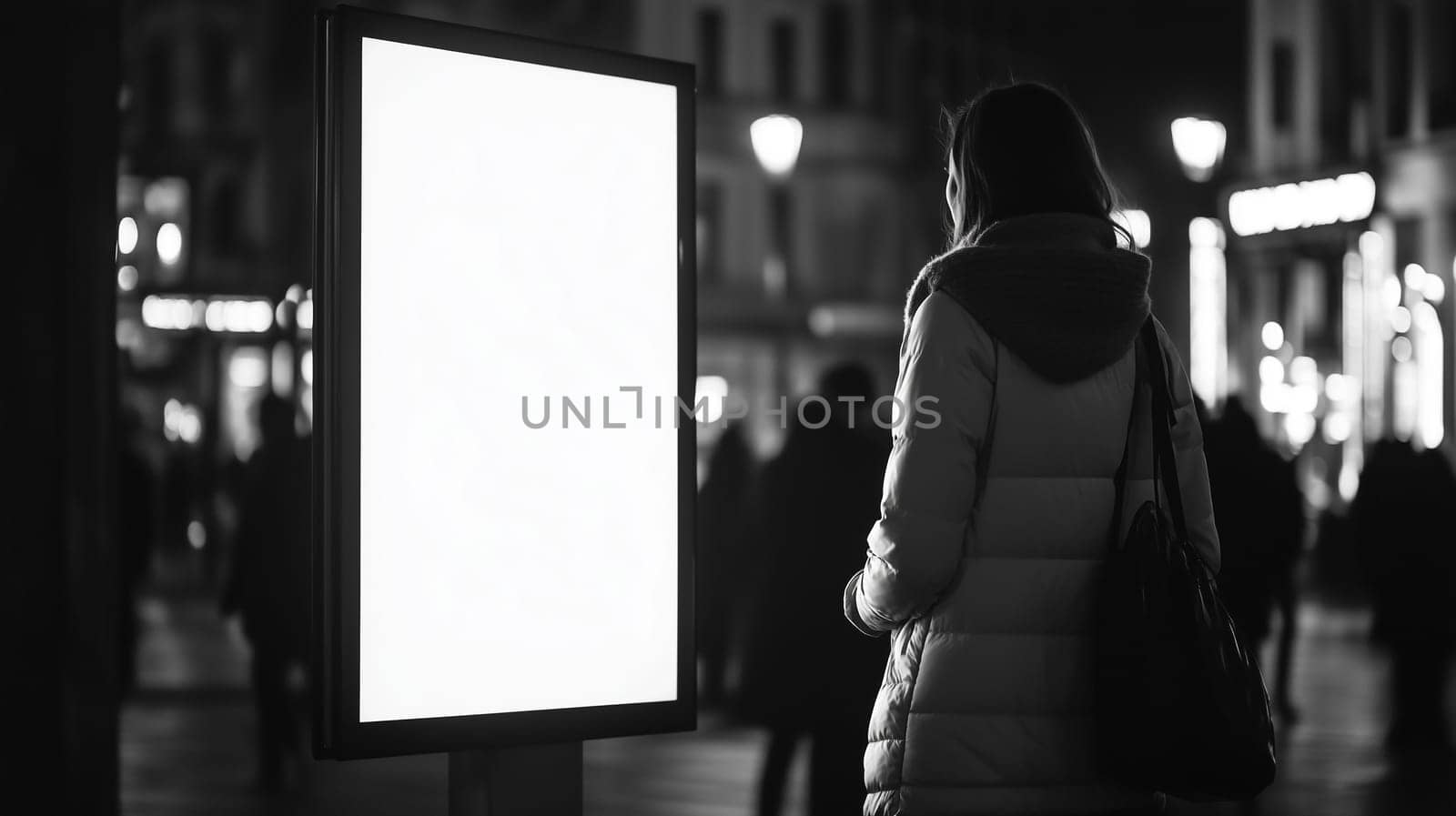 Woman stands looking at white empty shining advertising banner vertical billboard on the street at night. People walk by, dark city lights background