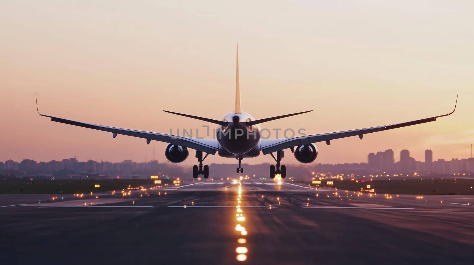 Passenger plane landing or taking off on runway with airport lights against beautiful sunset sky background, rear view