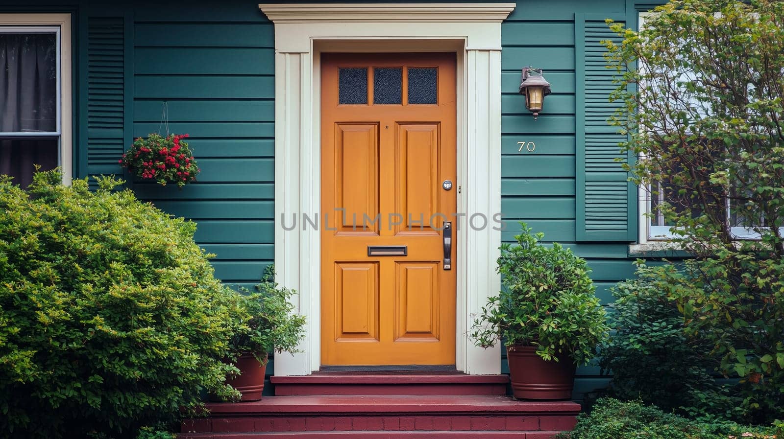 Wooden front door of a entrance suburban private residential house with cozy green decorated plants outside