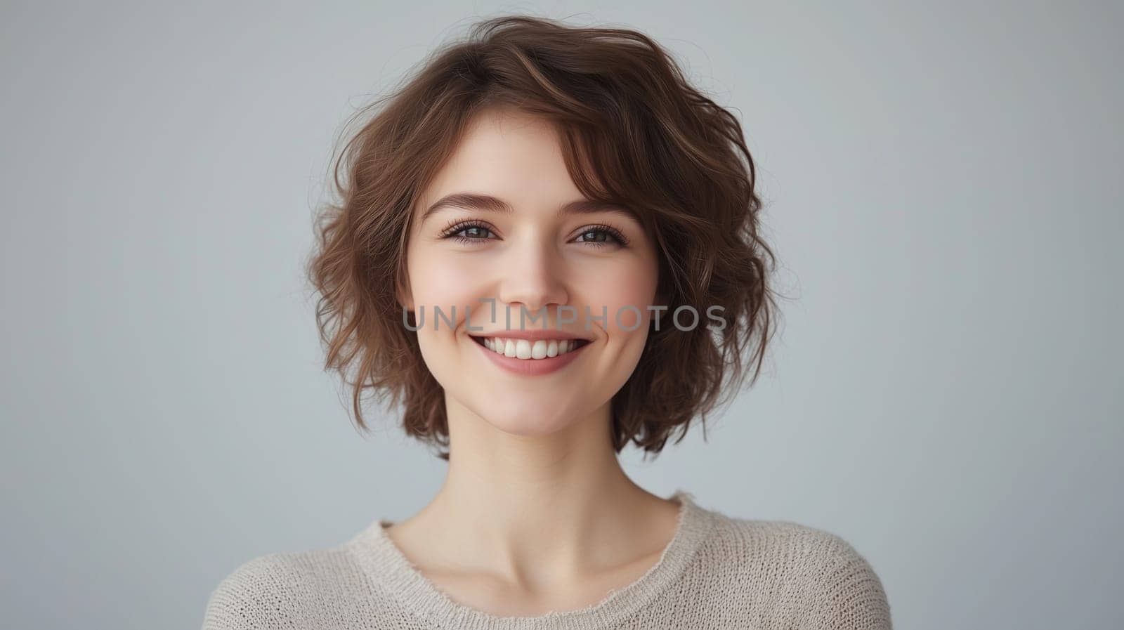 Portrait of happy young woman smiles with healthy clean skin, brunette hair, casual clothing, looking at camera, close up on gray background