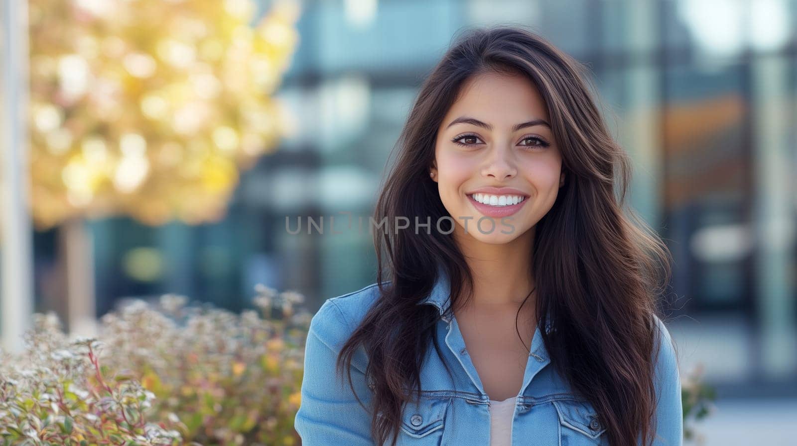 Portrait of happy smiling Hispanic young woman, brunette hair, casual clothing, looking at camera, standing on city street, park background