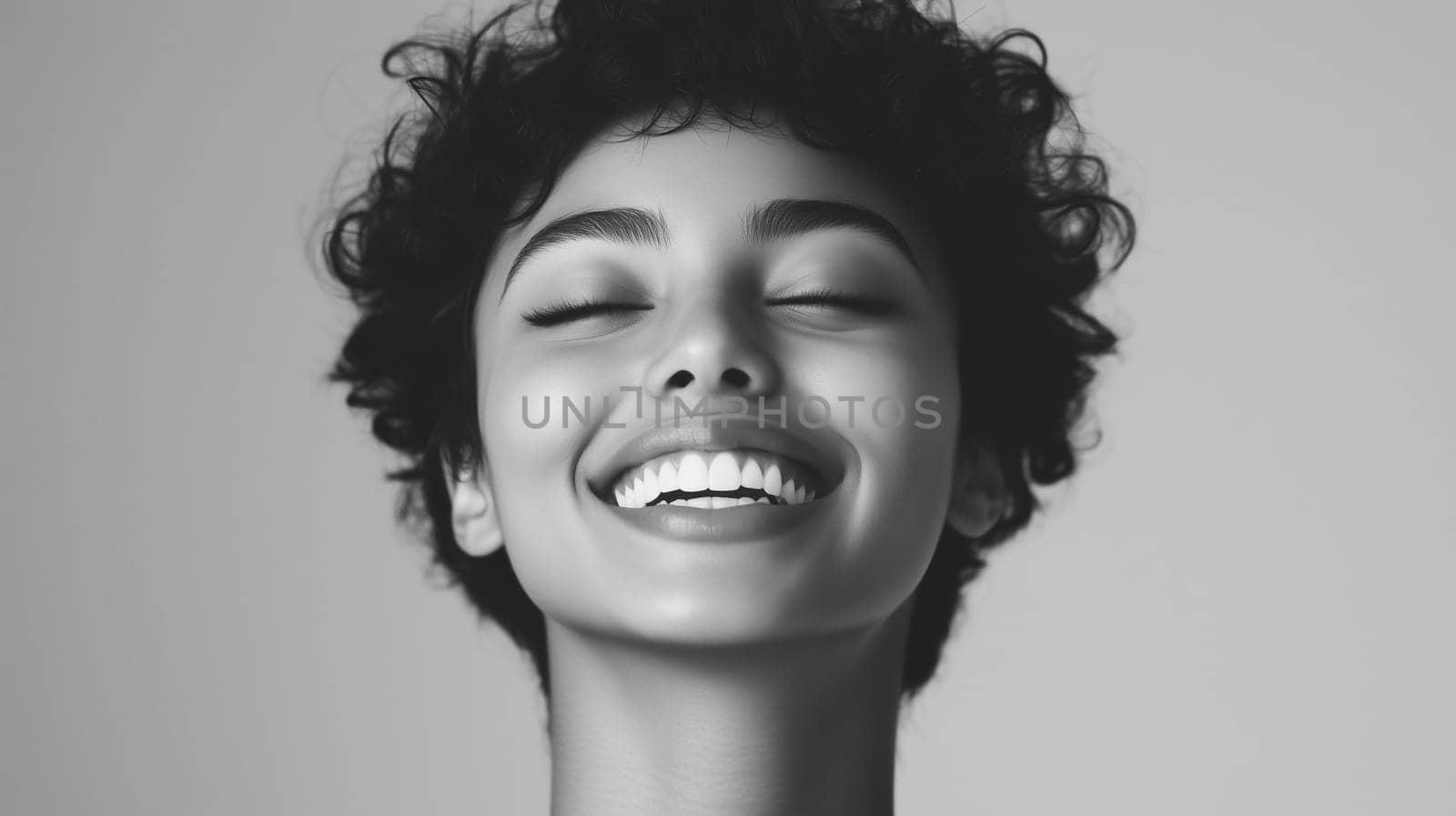 close-up portrait of happy young inspired woman toothy smiles with closed eyes, healthy clean skin, natural beauty, brunette curly hair, on gray background, studio shot