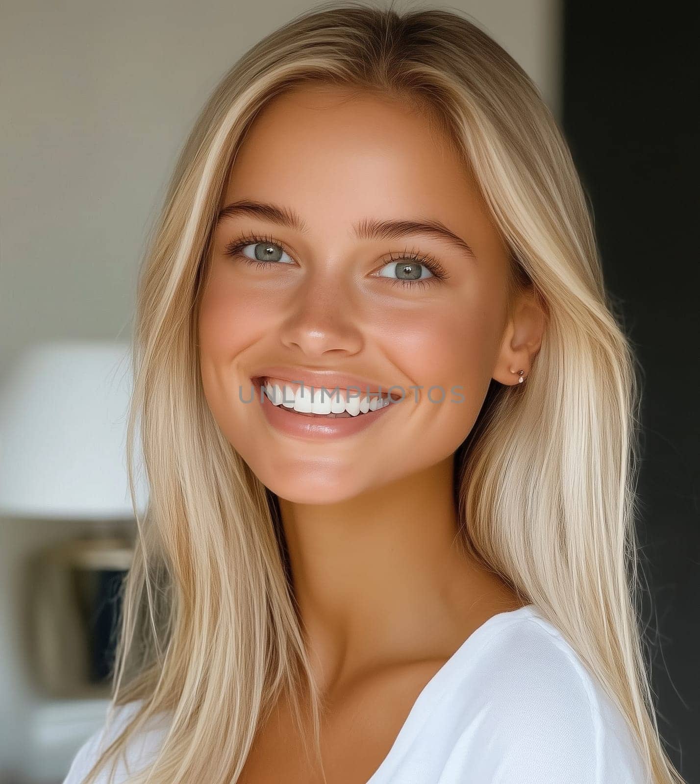 Close-up portrait of beautiful happy young woman with toothy joyful smile, blonde hair, clean natural skin, looking at camera, standing at home