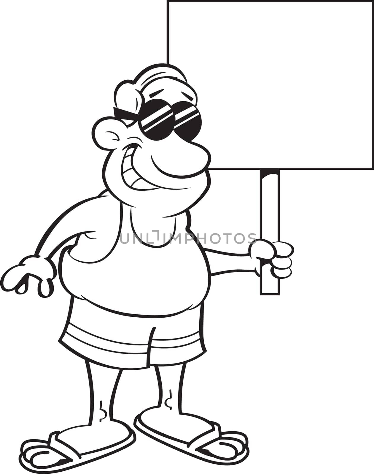 Black and white illustration of a man wearing a swimsuit and holding a sign.