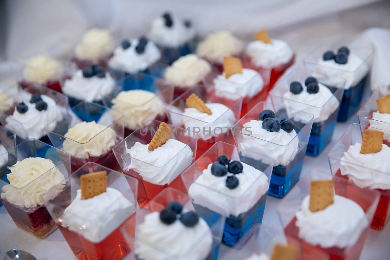Indulge in these delicious layered desserts that showcase vibrant colors, fluffy whipped cream, and fresh blueberries