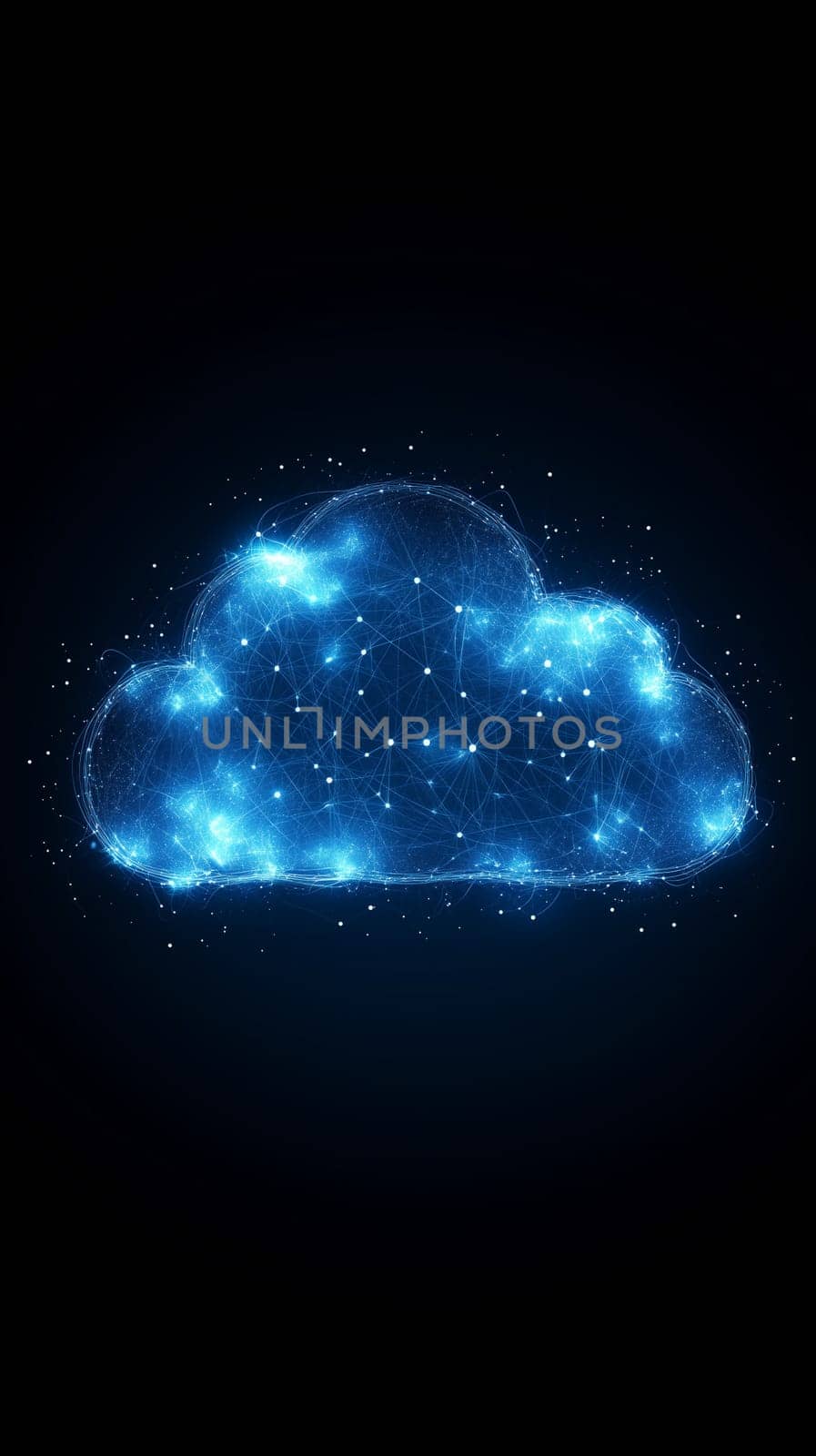 Cloud computing symbol glowing on dark background, representing data storage, network technology, and the future of digital information