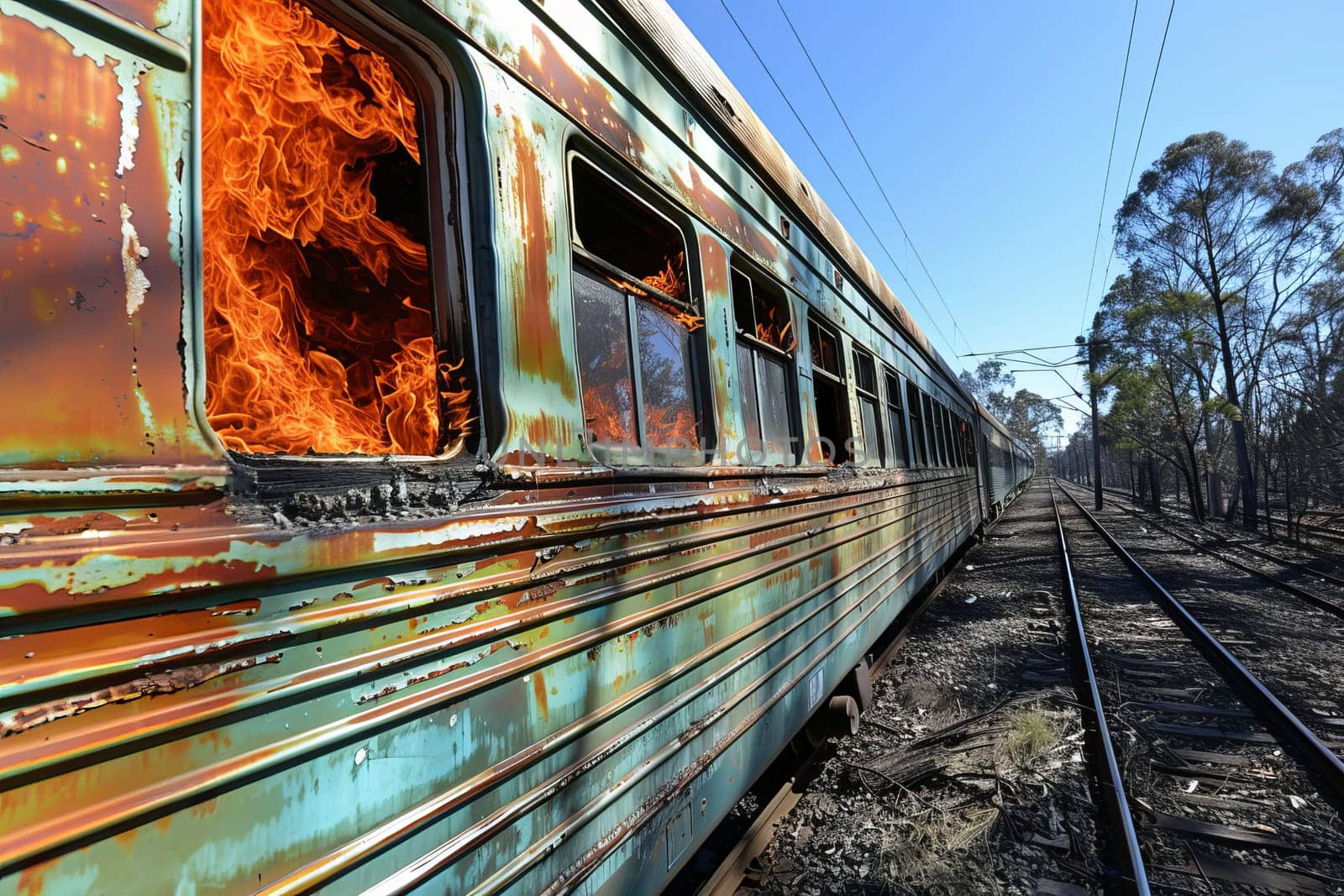 Abandoned train on fire in rural landscape capturing dramatic scene of destruction and nature.