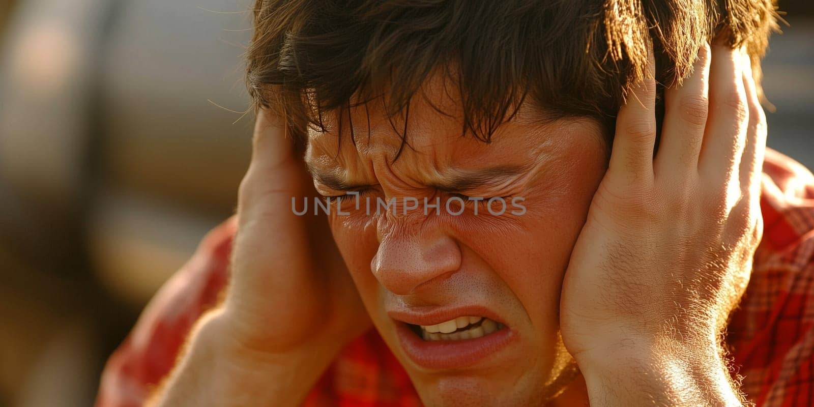 Close-up portrait of stressed young man covering ears with hands, suffering from loud noise or headache
