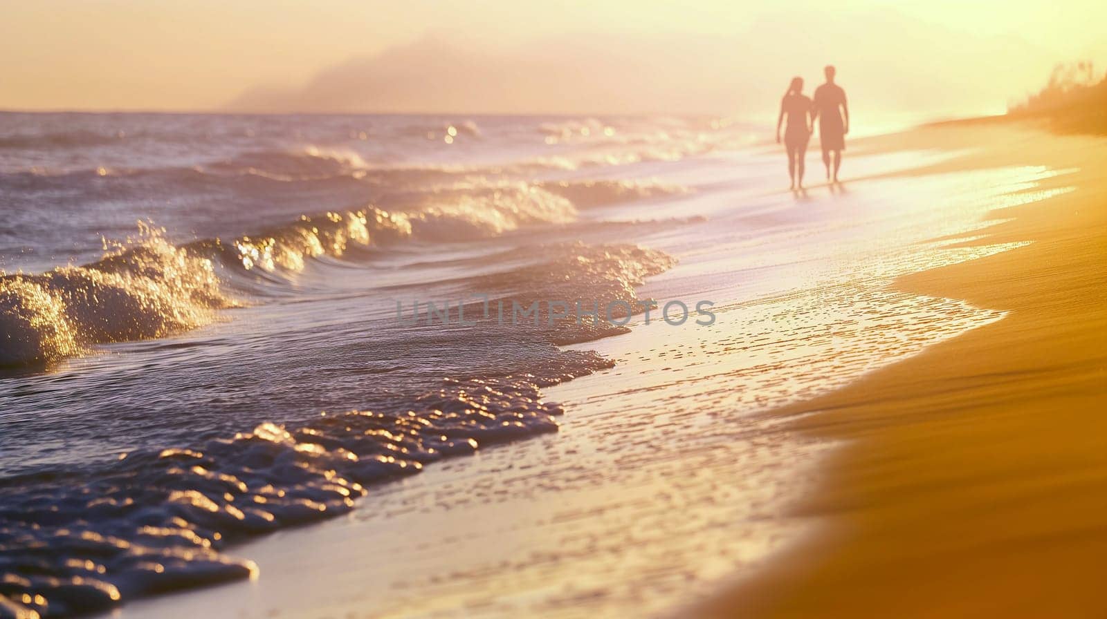 A couple strolls along the shoreline as the sun sets, casting a warm glow on the water and creating gentle waves that lap at their feet. Peaceful atmosphere enhances a romantic moment - Generative AI