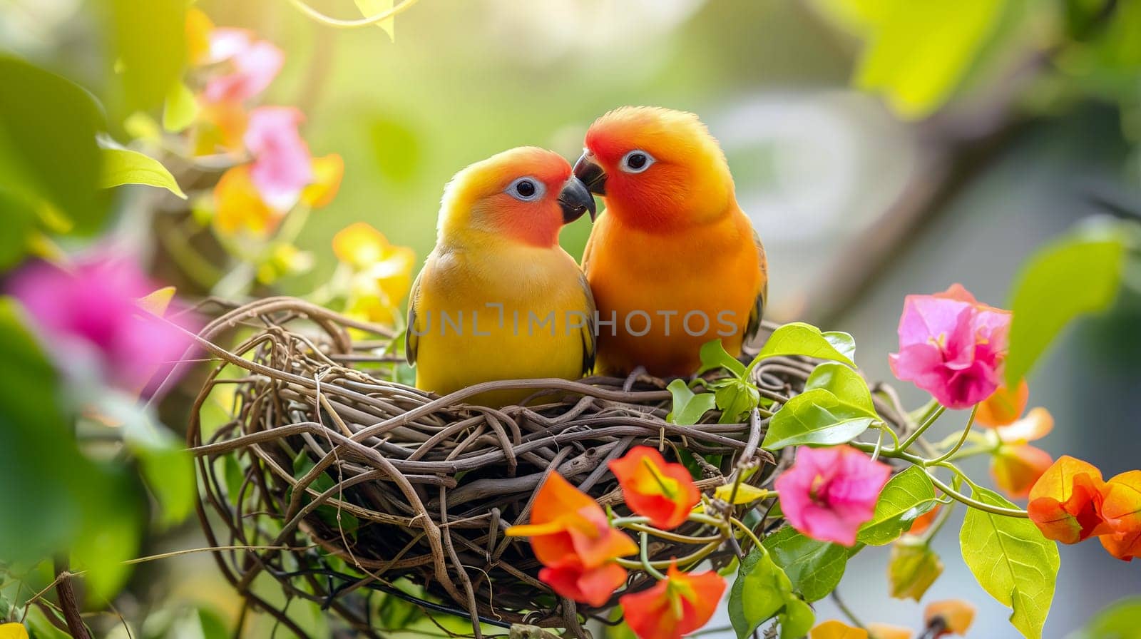 Two bright lovebirds cuddle together in their cozy nest surrounded by lush flowers, basking in the warm sunlight of a beautiful spring day, radiating joy and affection - Generative AI