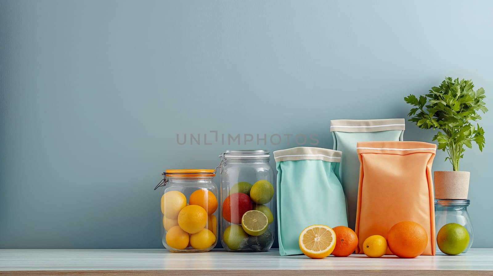 Various colorful fruits are neatly placed on a wooden countertop, featuring jars and bags, creating a fresh and vibrant kitchen atmosphere - Generative AI