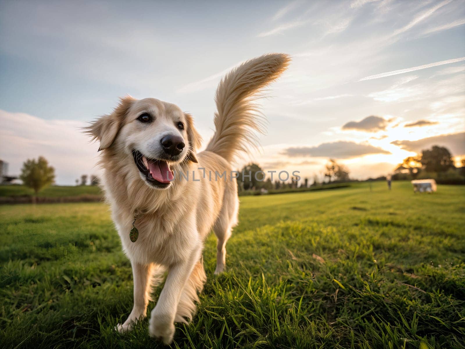 A golden retriever runs happily through a lush green field as the sun sets, casting a warm glow over the landscape and surrounding trees - Generative AI