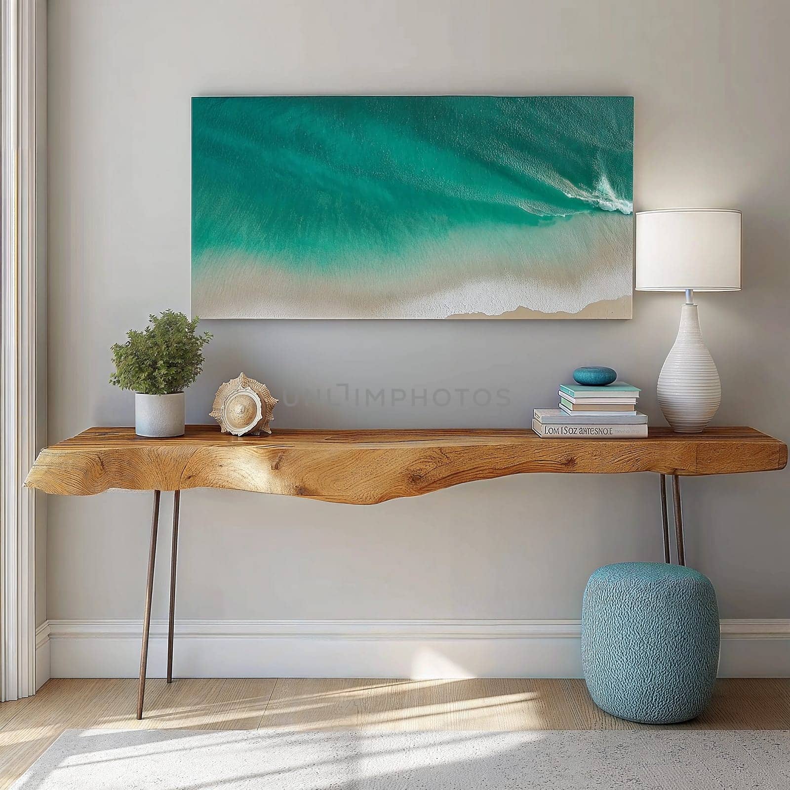 Natural wood console table with coastal decor, ocean wall art, and modern minimalist accessories in a bright interior. Interior photo concept