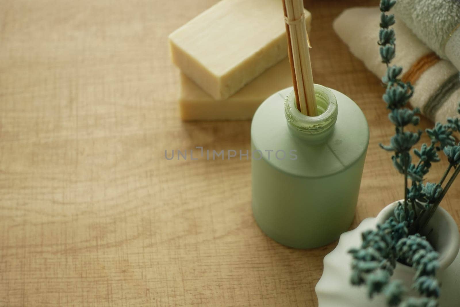 Relaxing spa essentials including essential oils and soothing decor.