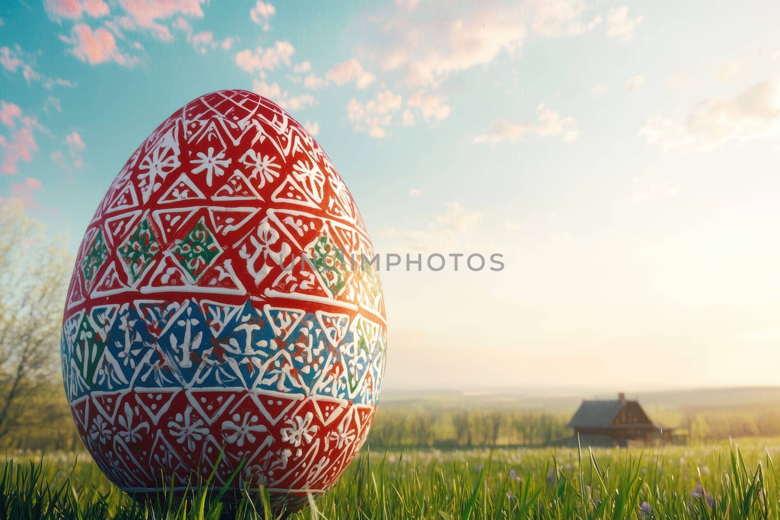 A vibrant Easter egg stands majestically in a serene landscape at sunrise, perfect for spring themes.
