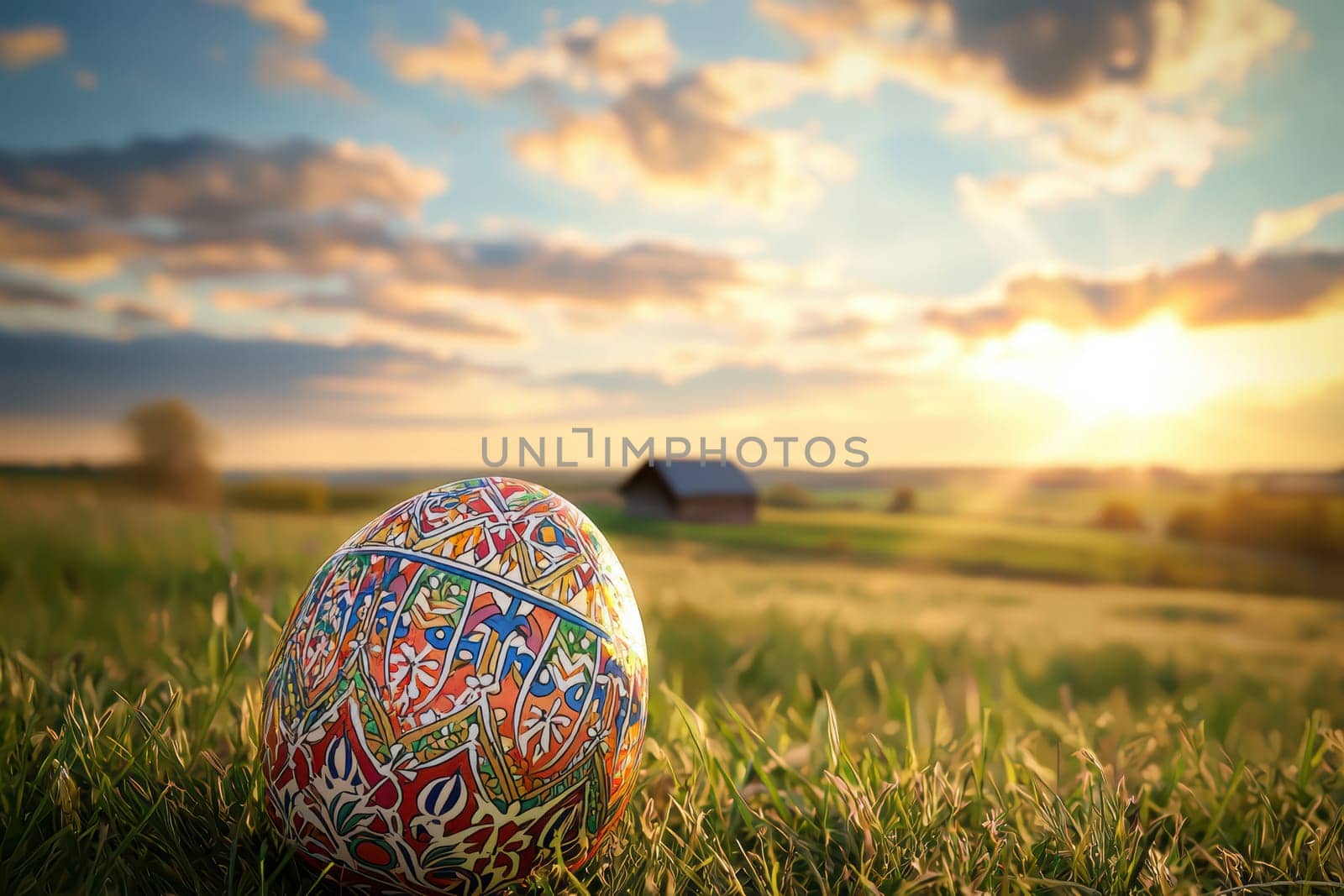A beautifully vibrant and intricately decorated egg is resting in the lush green grass during a stunning sunset