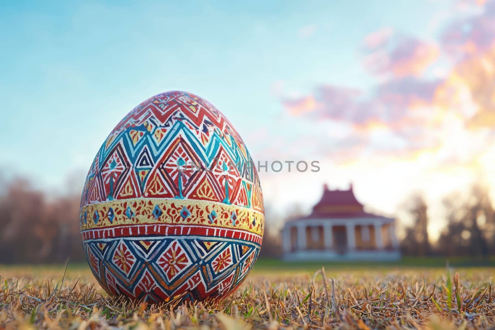A beautifully crafted and intricately designed Easter egg placed amidst the lush nature, symbolizing spring and renewal