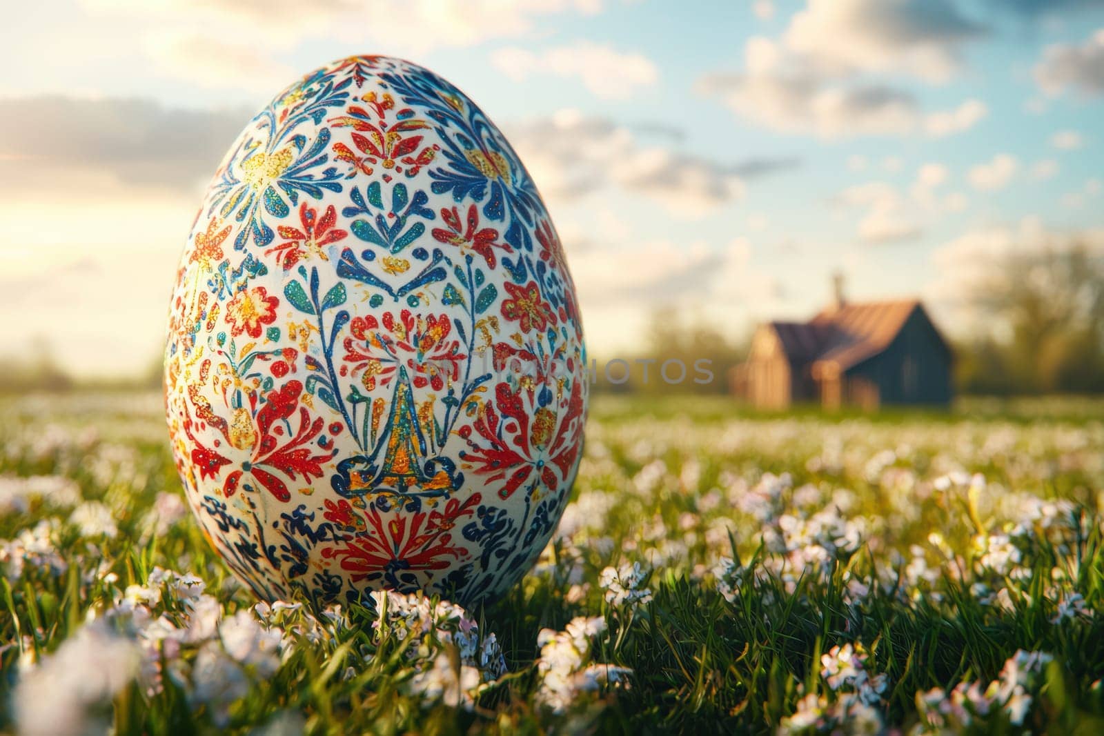 A beautifully painted Easter egg, featuring intricate designs, is set against a stunningly serene countryside backdrop