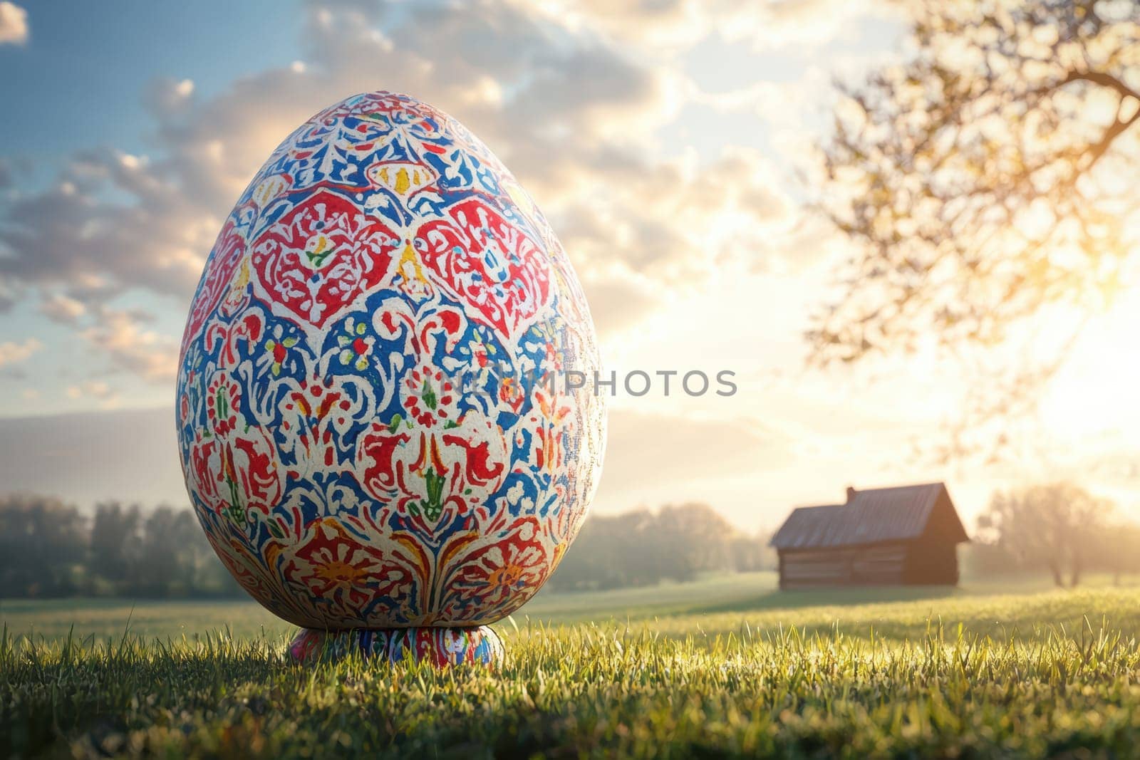A beautifully designed decorative egg set against the serene and tranquil backdrop of a picturesque countryside