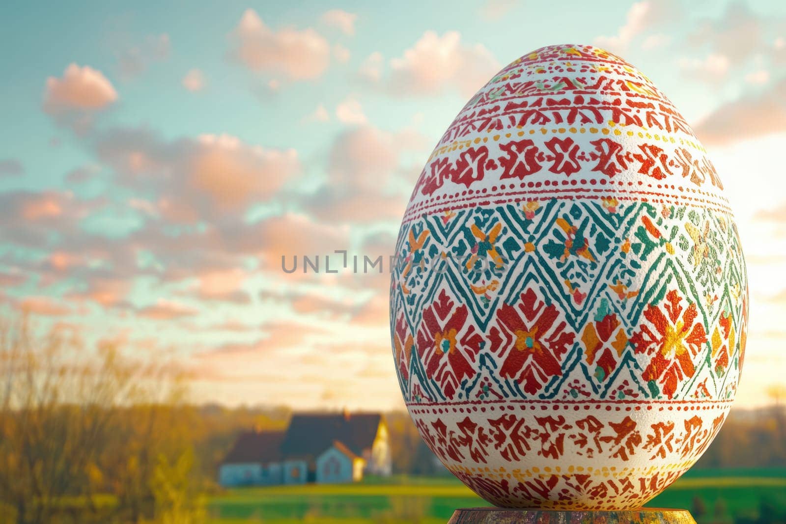 A beautifully painted Easter egg, vibrantly decorated, set against a tranquil and serene countryside backdrop