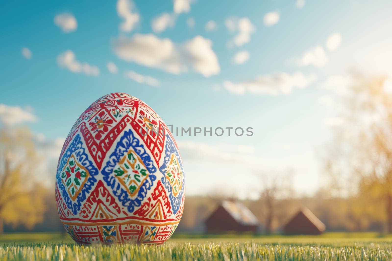 A vibrant Easter egg lies on lush green grass under a sunny sky, with rustic houses in the background