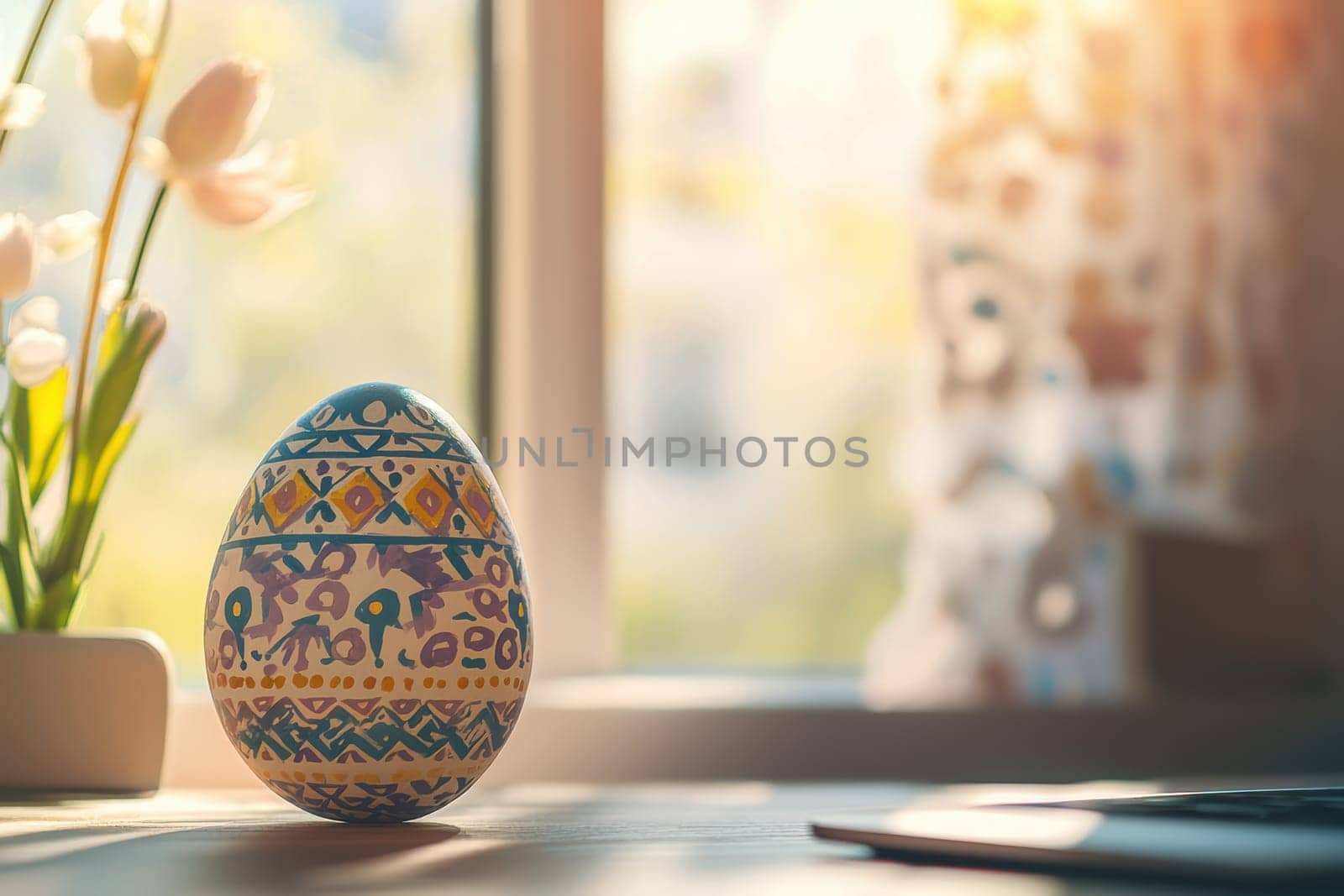 A vibrant and colorful Easter egg, beautifully painted and illuminated by sunlight next to lovely flowers at the window