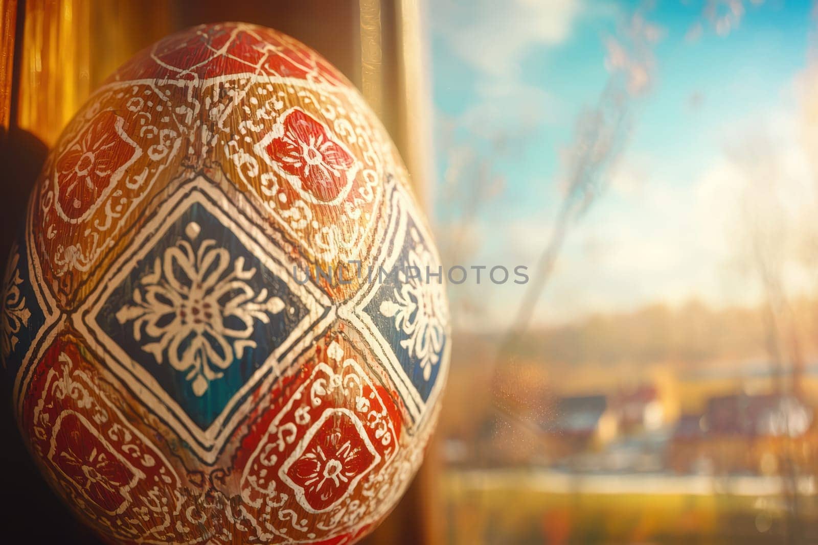 A stunning and intricately designed Easter egg beautifully placed by a window, showcasing a picturesque view