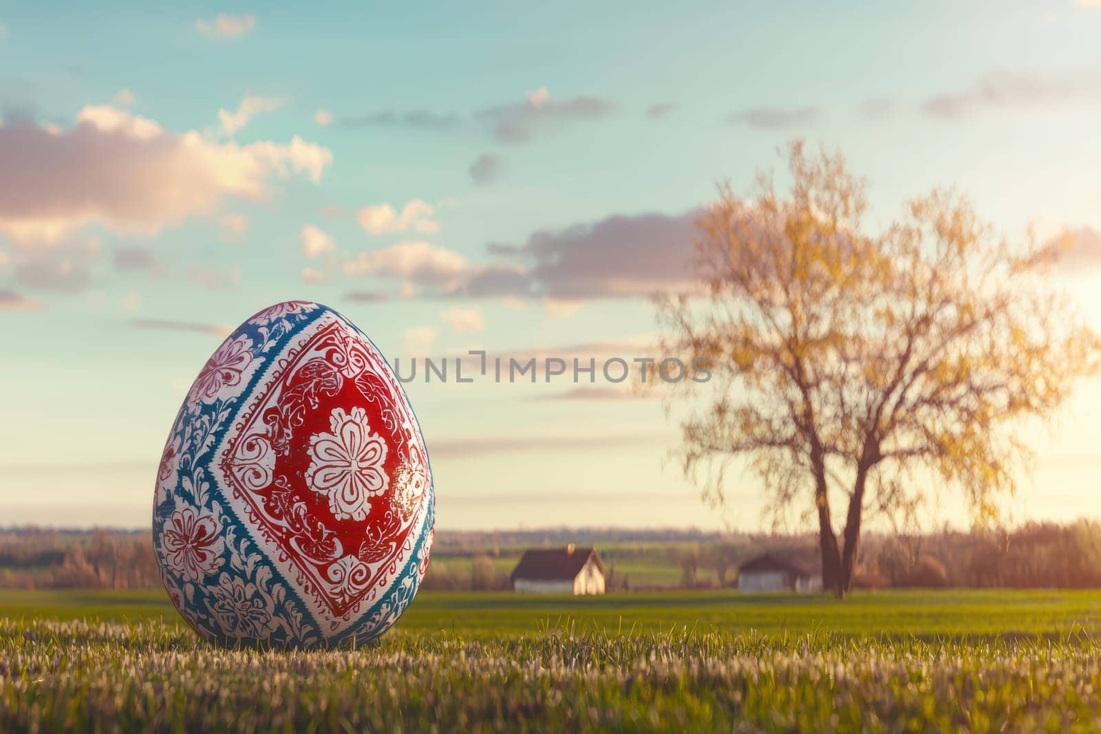 A vibrant and colorful Easter egg stands proudly in a picturesque field underneath a stunningly beautiful sky