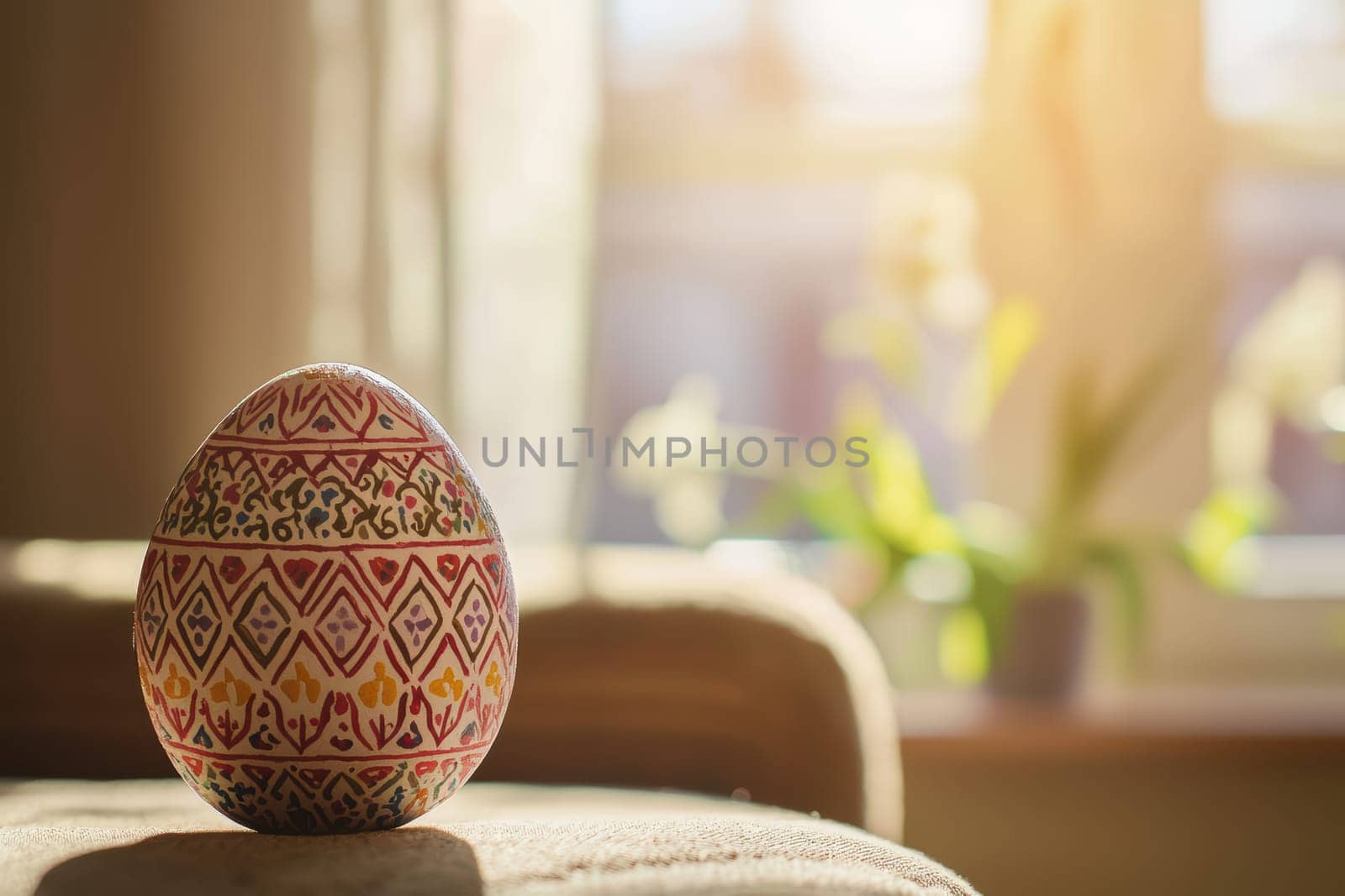 A beautifully vibrant and intricately designed Easter egg rests gracefully in sunlight, creating a festive atmosphere