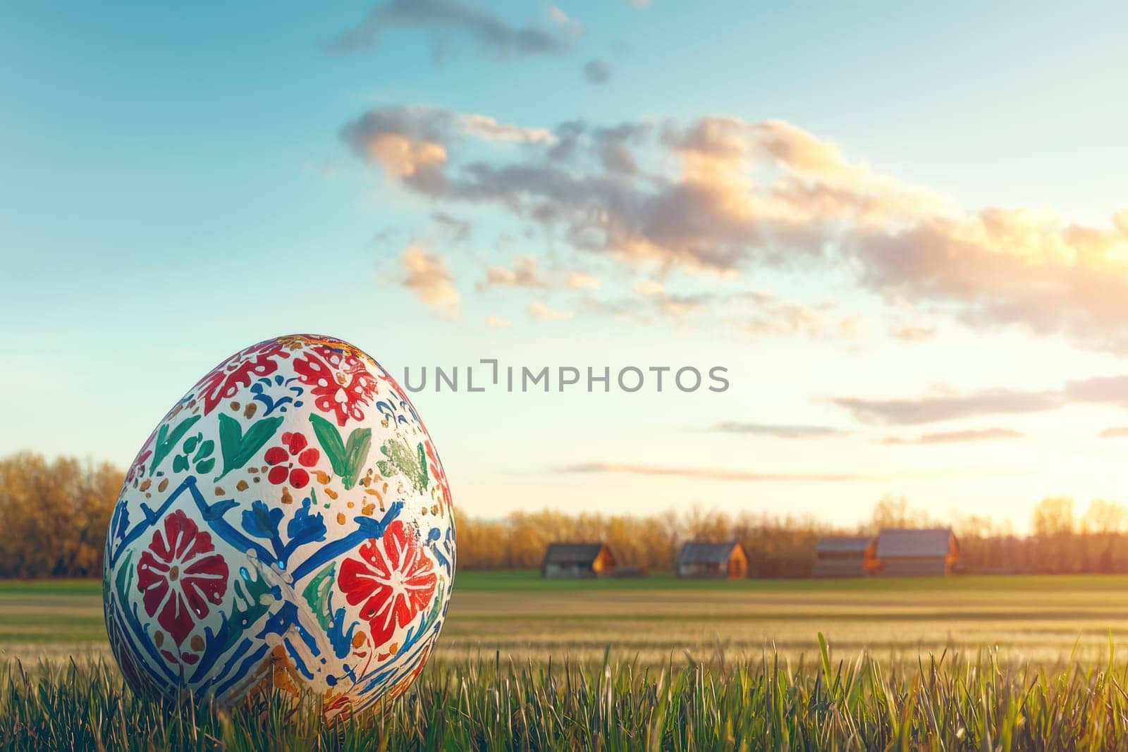 A beautifully painted and decorated Easter egg stands proudly in a serene field with a vibrant and colorful sunrise