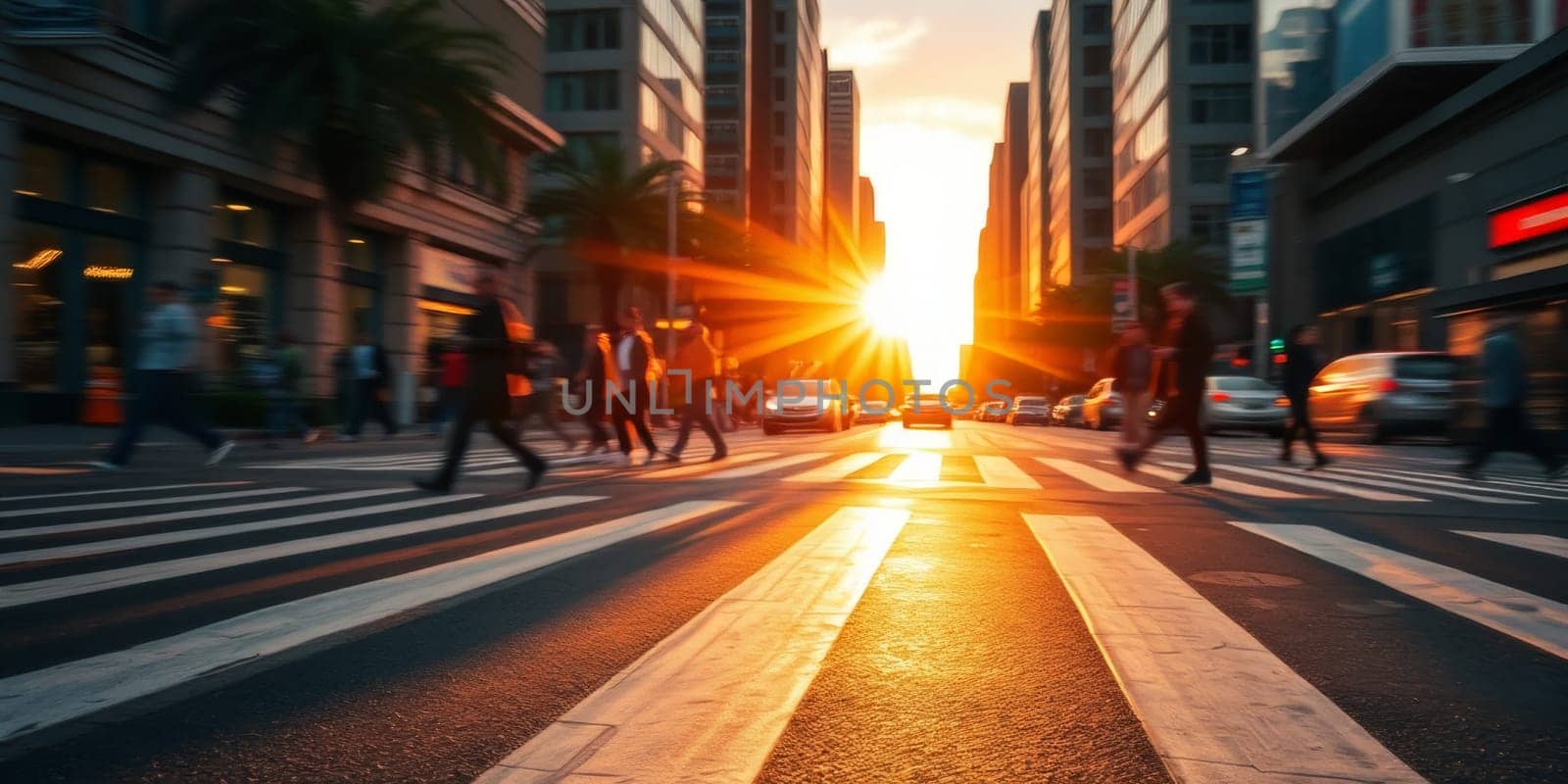A lot of people walk along the pedestrian crossing during rush hour. High quality photo