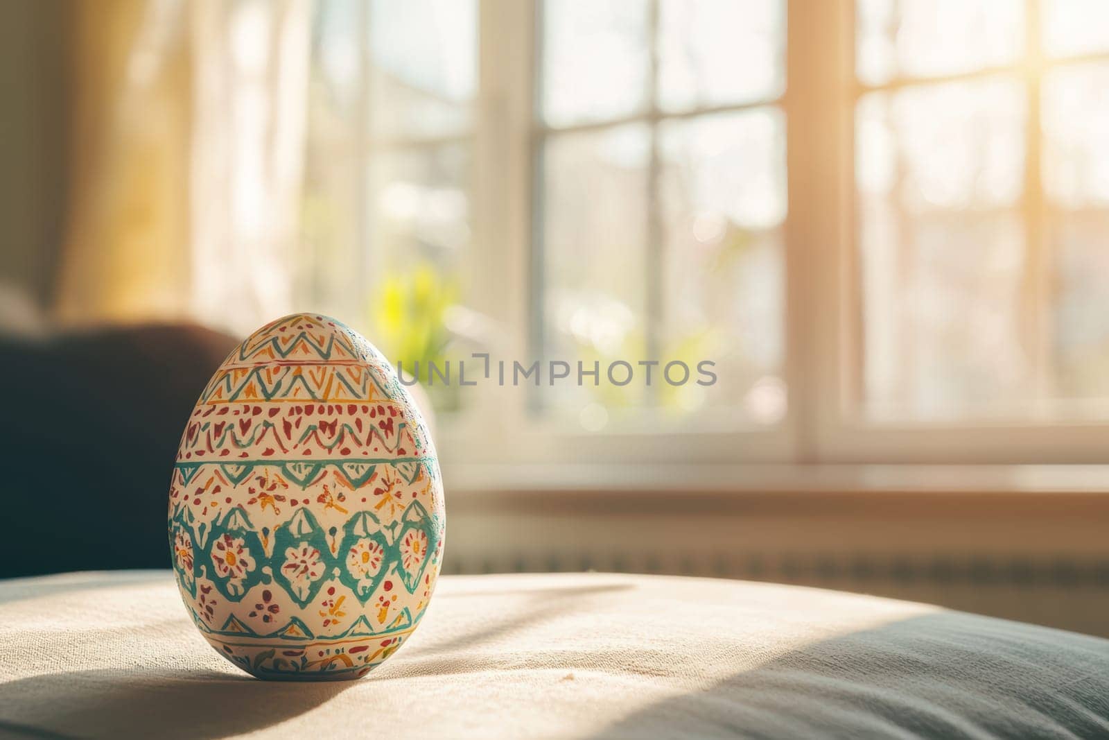 A beautifully painted Easter egg sits gracefully on a cushion while natural light streams in from the window