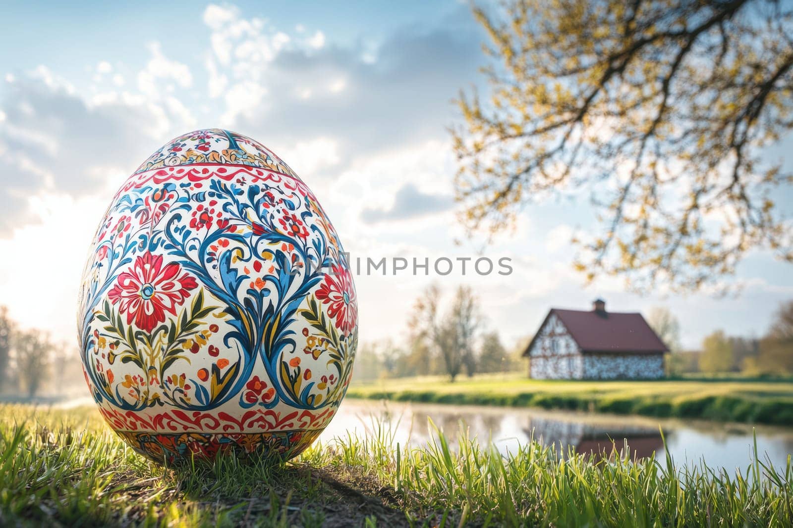A vibrantly painted Easter egg beautifully set against a tranquil and picturesque lakeside backdrop
