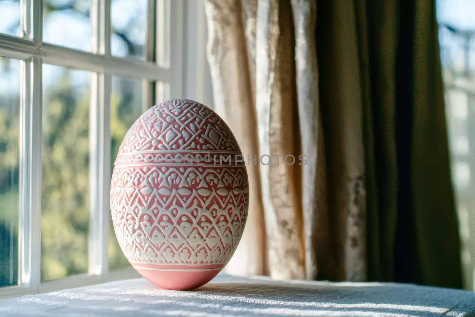 A beautifully crafted ceramic egg featuring vibrant and colorful patterns, beautifully illuminated by warm sunlight