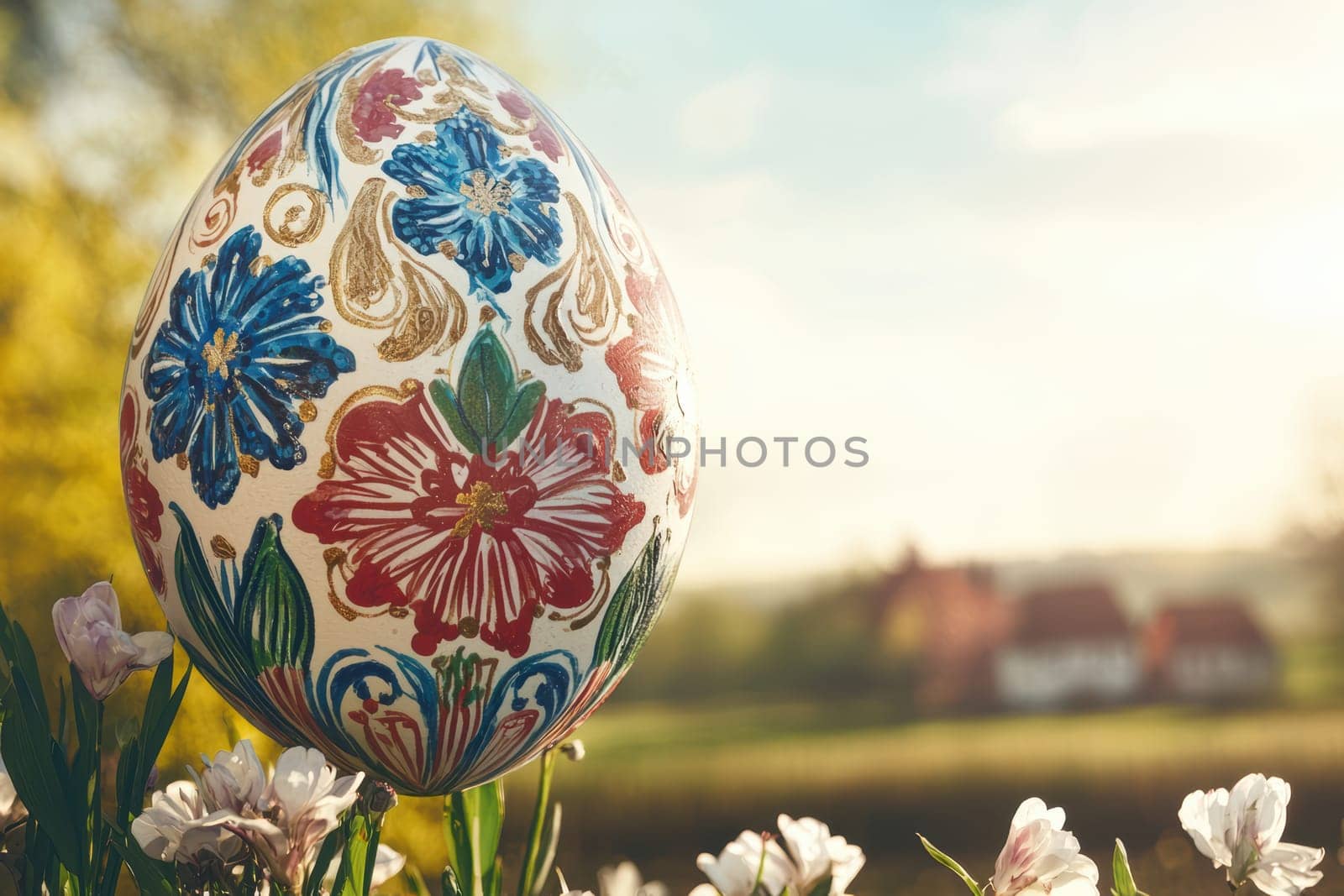 A beautifully and artistically painted Easter egg sits gracefully amidst blooming flowers in a serene spring landscape