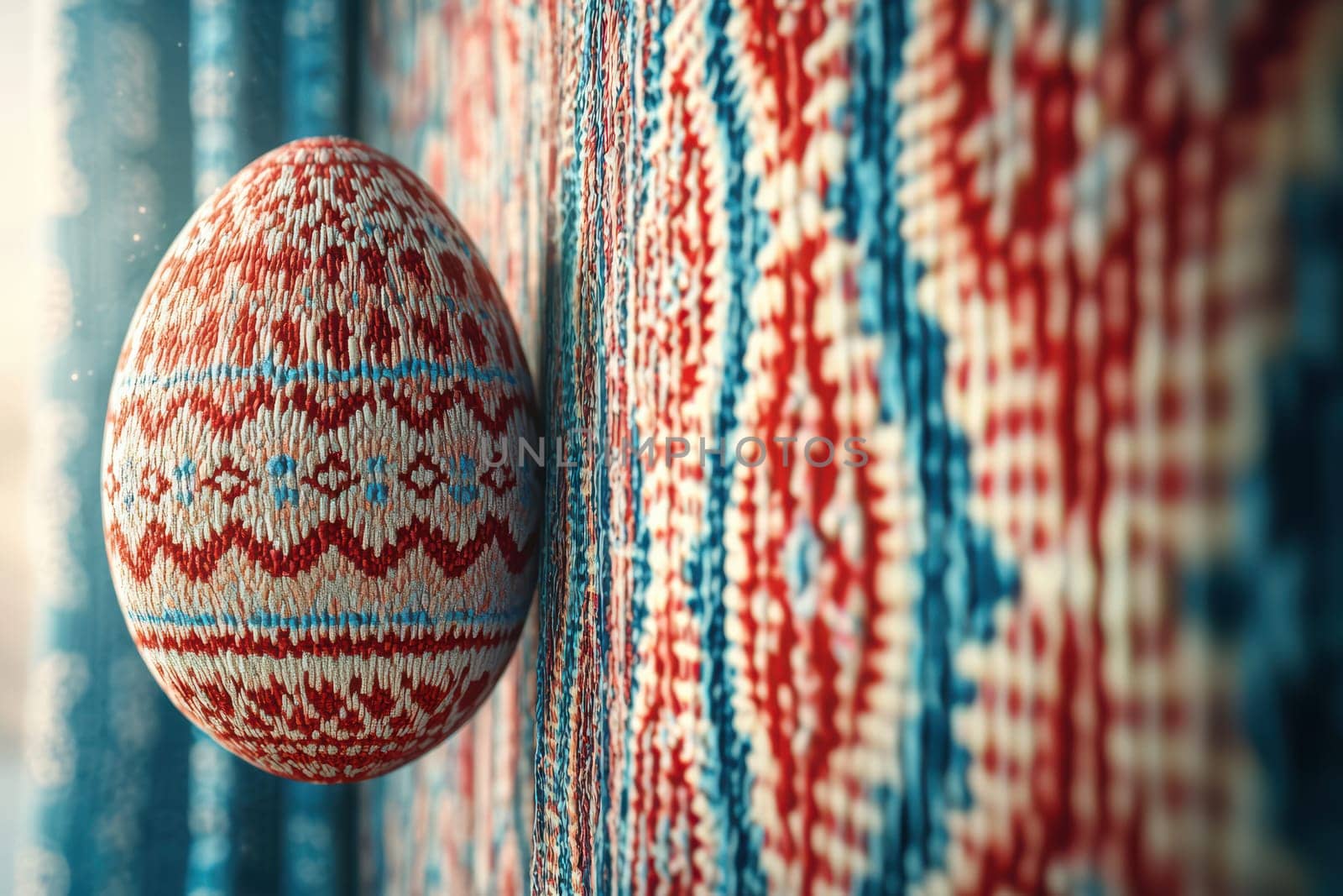 A patterned egg on colorful fabric symbolizes the joyous Easter festivities celebrated annually by many