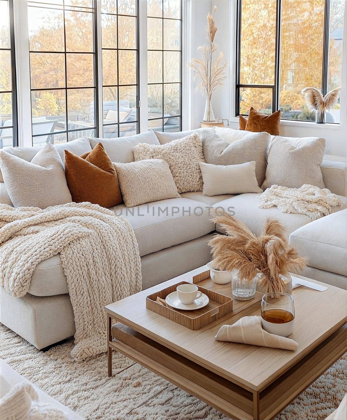 A stylish and cozy minimalist living room featuring a soft white sofa, wooden coffee table, fluffy pillows, knitted blanket, books, ceramic cups, and dried flowers in a serene neutral color palette