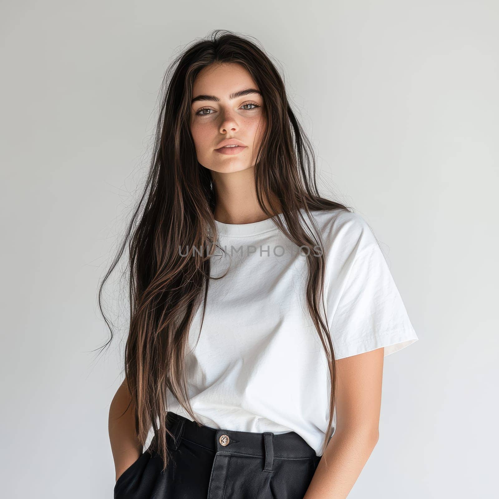 A fashionable woman with long hair wearing a simple white tee and black jeans against a light backdrop.